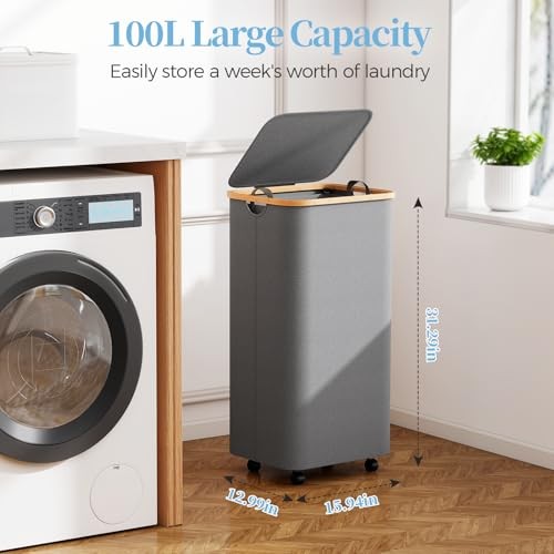 100L Large Capacity Laundry Hamper – Foldable Rolling Laundry Basket, grey