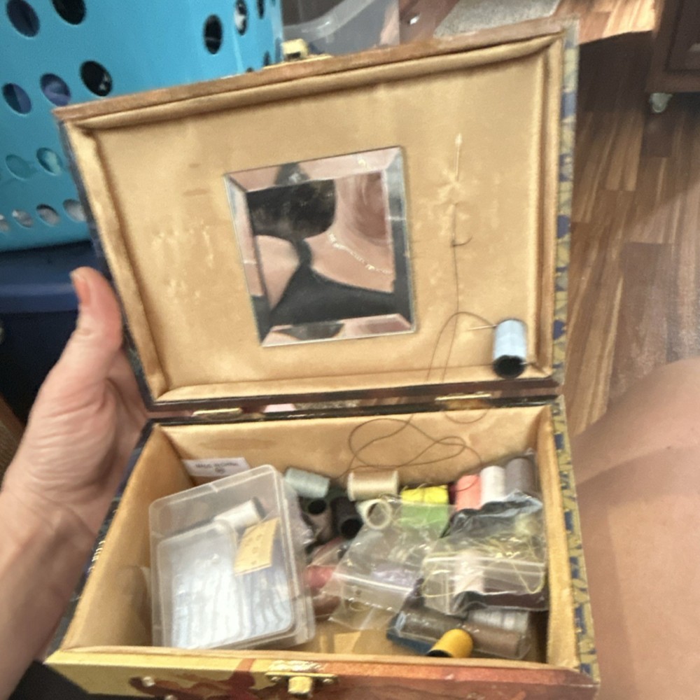 Wooden Sewing Box with Mirror, Thread Storage, Brown Multicolor