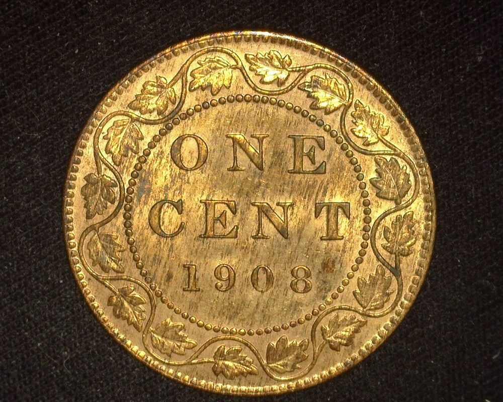 CANADA 1908 LARGE CENT KM8 BRILLIANT UNCIRCULATED R&B ~15G
