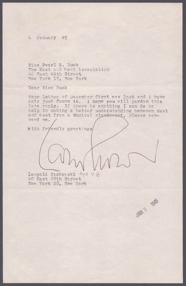 LEOPOLD STOKOWSKI - TYPED LETTER SIGNED 01/04/1945