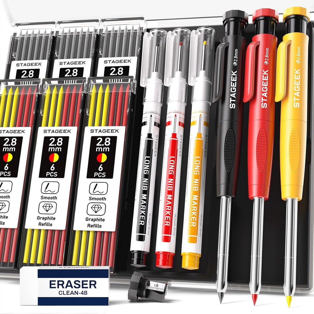 3PCS Carpenter Pencils with Sharpener, Heavy Duty Woodworking Tools, Mechanical