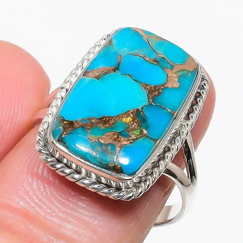 Handmade Genuine Blue Copper Turquoise Ring: 925 Solid Sterling Silver All Size