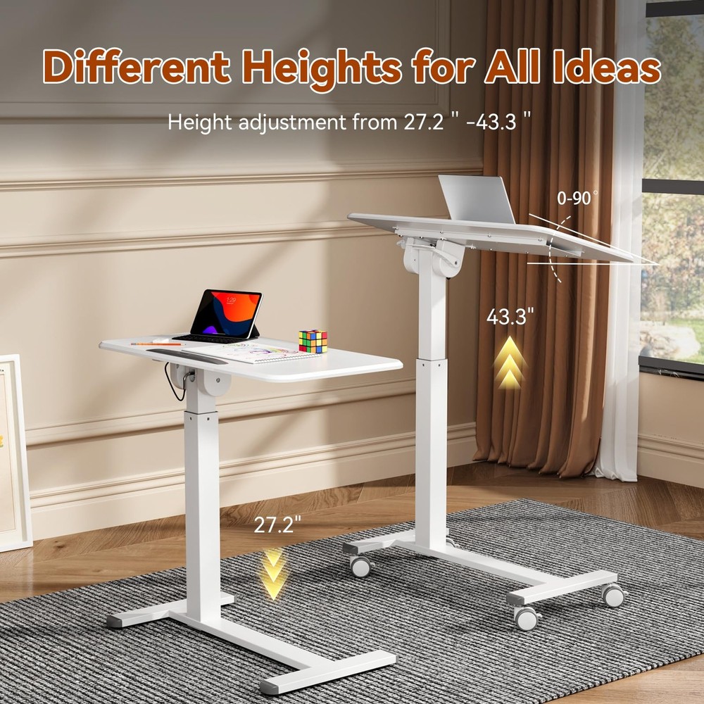 Mobile Standing Desk, Height Adjustable Left/Right Overbed Bedside Table, 90°...