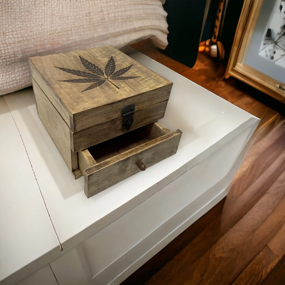 Wood Stash Box Storage Hinged Top Drawer Pot Leaf Design