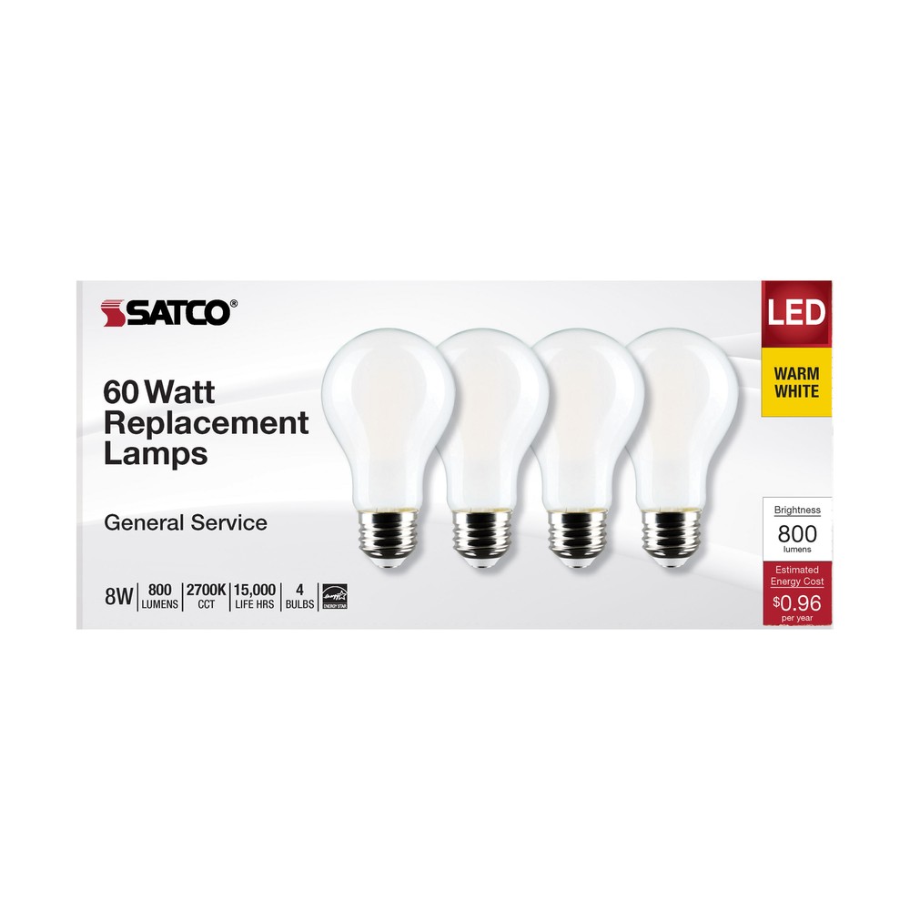4 Pack Satco S12466 LED Filament 120V 8W =60W A19 Medium E26 2700K Warm White