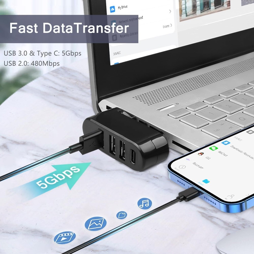 Elegant 4-Port USB 3.0 Hub with Rotatable Design & PD USB-C - Fast Data Transfer
