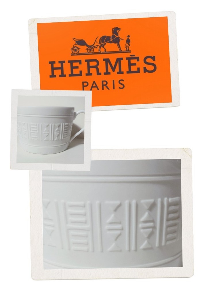 HERMES Egee Aegean Flat Cup All White Minimalist Embossed Geometric Marked