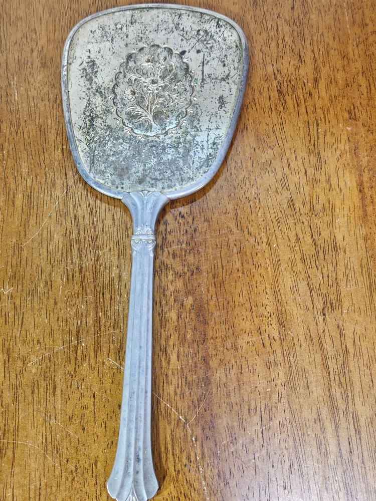 Vintage Hand Held Vanity Mirror Silver Flower Design 13”