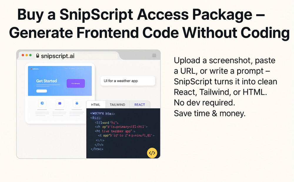 SnipScript Code Generator Access Package – Create Frontend Code Without Coding