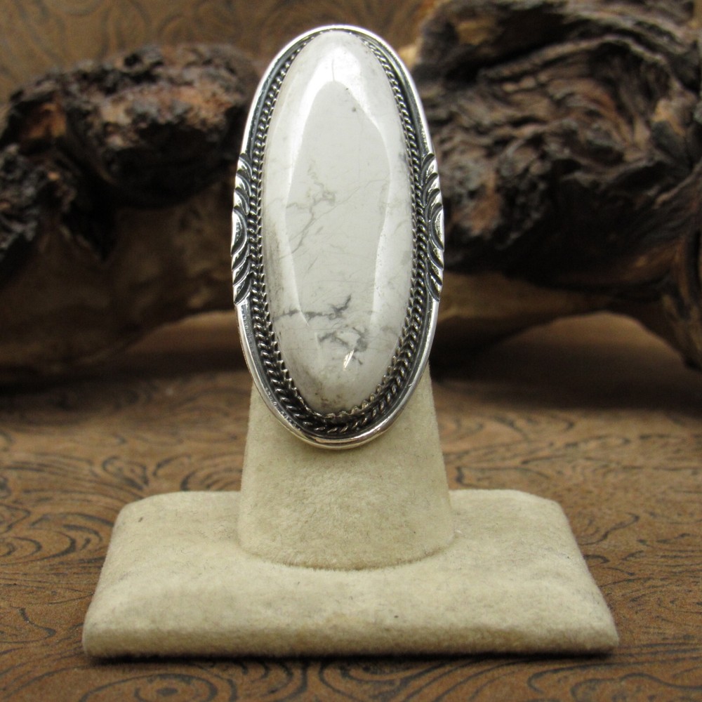 *Sterling Silver Long Oval Howlite Ring Size 5.75