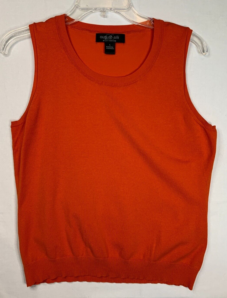 August Silk Sweater Vest Size L Sleeveless Stretch Crew Neck Pullover Orange