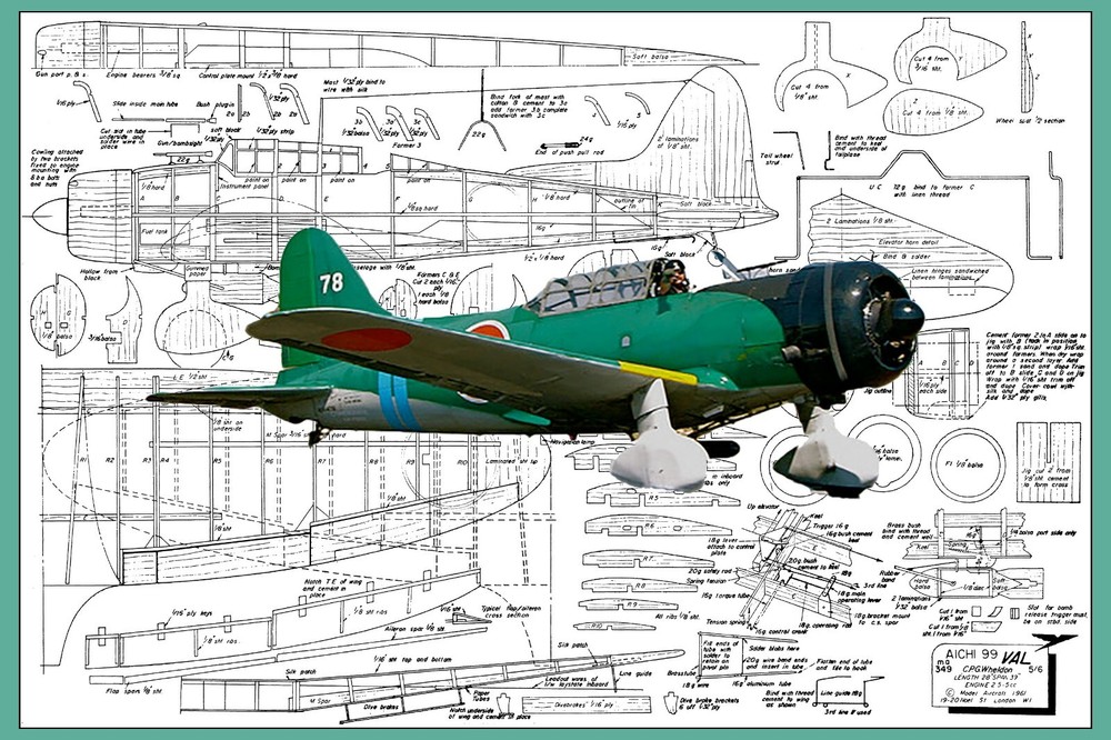 Model Airplane Plans (UC): Aichi 99 VAL Scale 39" for 2.5-5cc (.15-.30ci) Engine