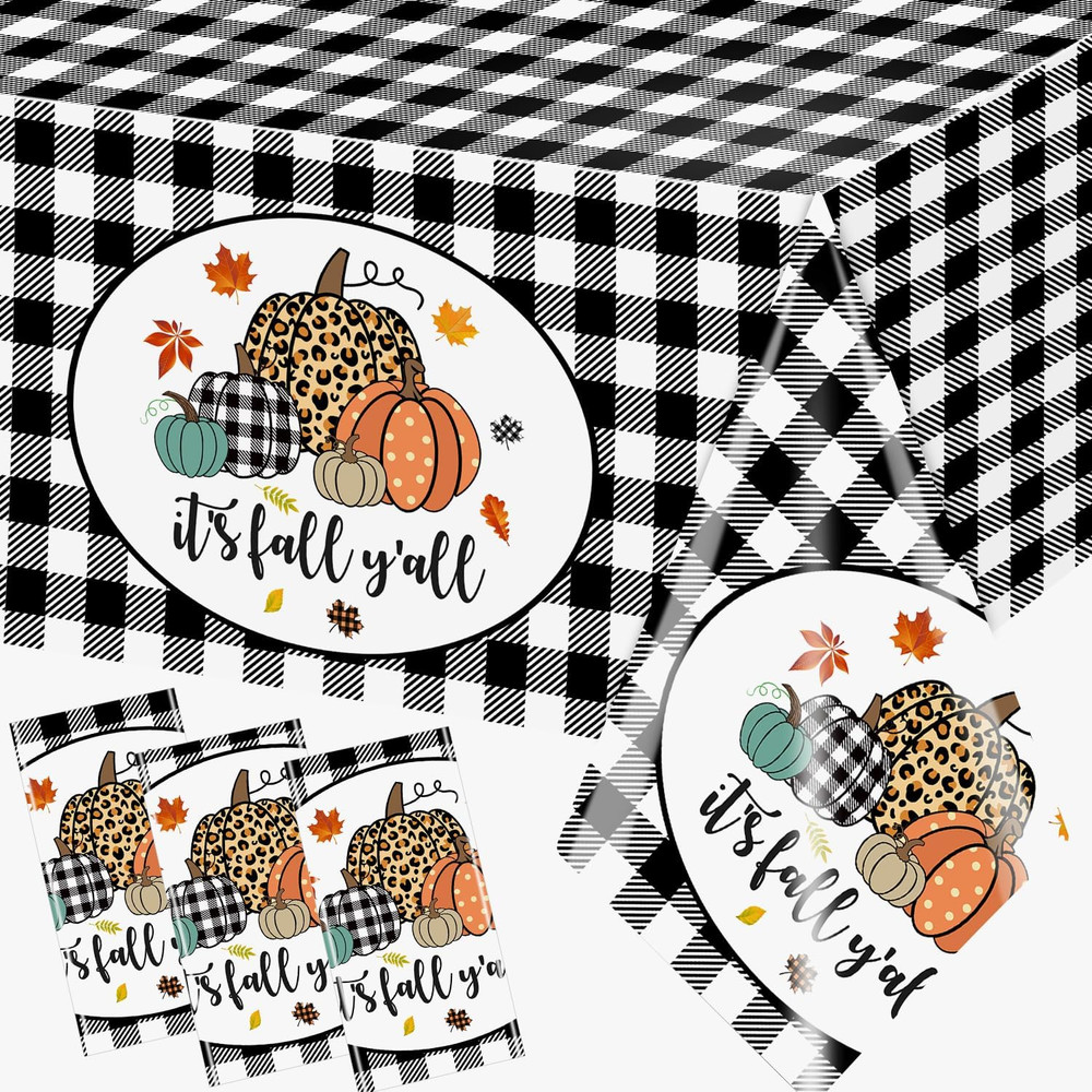Fall Buffalo Plaid Tablecloth,3Pcs Pumpkin Table Cloth Plastic Black White Check