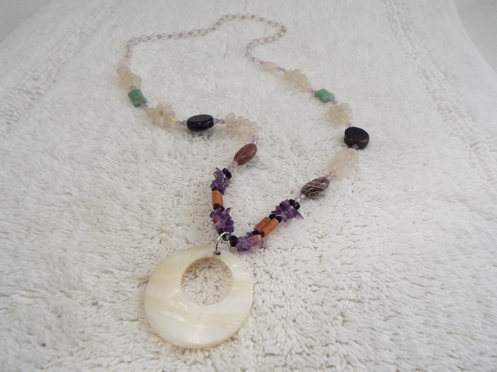 Amethyst Quart Jasper + Stone Shell Ring Pendant Necklace (J10)