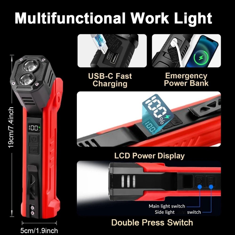 Magnetic Base LED Work Light 600LM Rechargeable Type-C Flashlight Lamp Tool