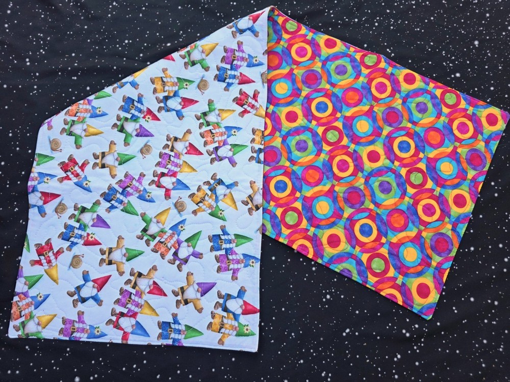 Handmade Quilted Table Runner Gnomes flowers summer rainbow reversible
