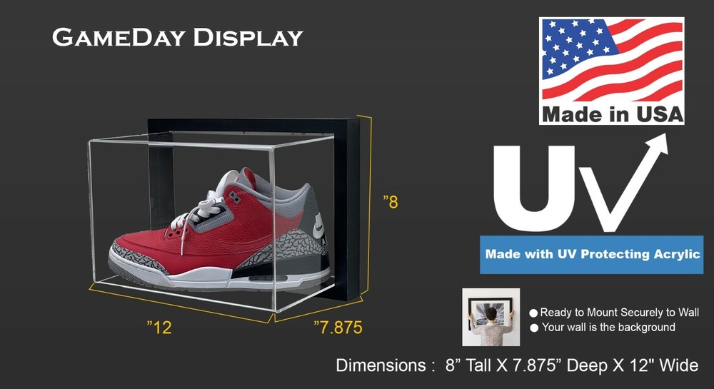 Framed Acrylic Wall Mount Shoe Display Size 11 and Under UV Protect Secure Mount