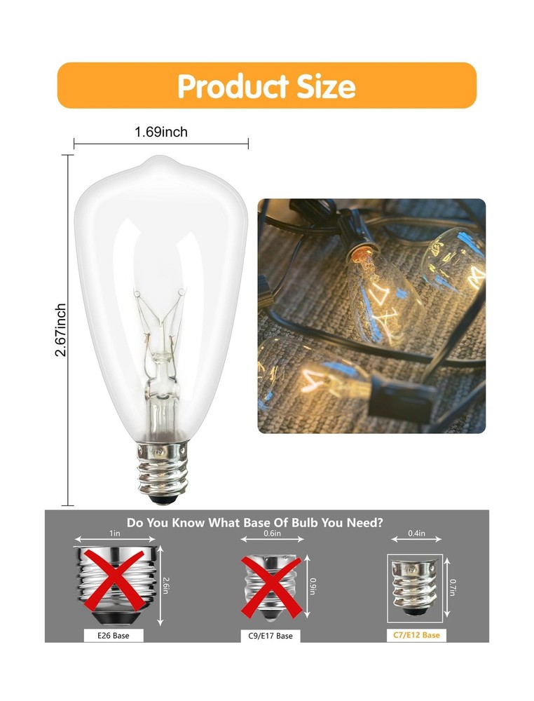 25-Pack ST35 Light Bulbs Replacement Edison Clear Bulbs -5 Watts C7/E12 Screw...