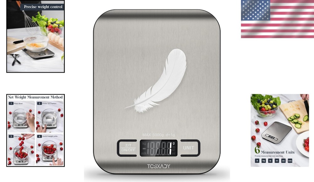Compact 11lb Stainless Steel Food Scale with Tare Function & Backlit Display