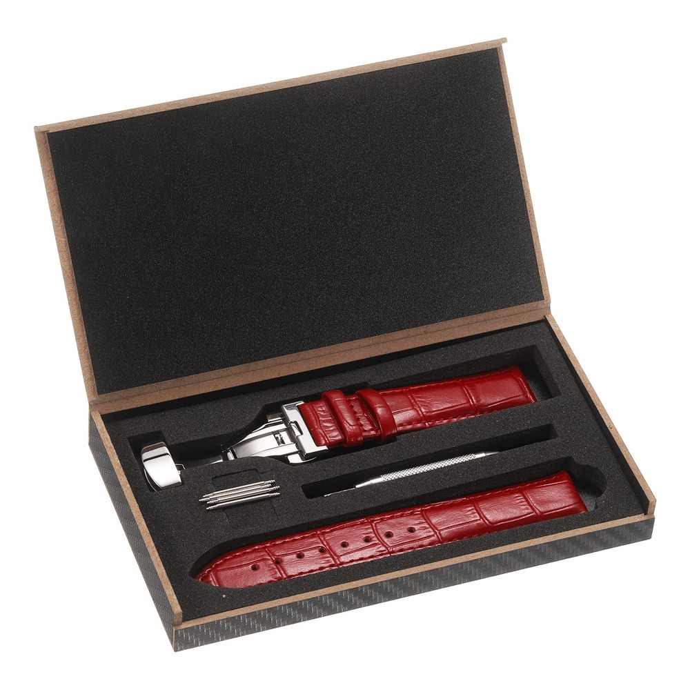 Leather Band Deployment Buckle Watch Strap 23mm Leather Strap, Red/Silver