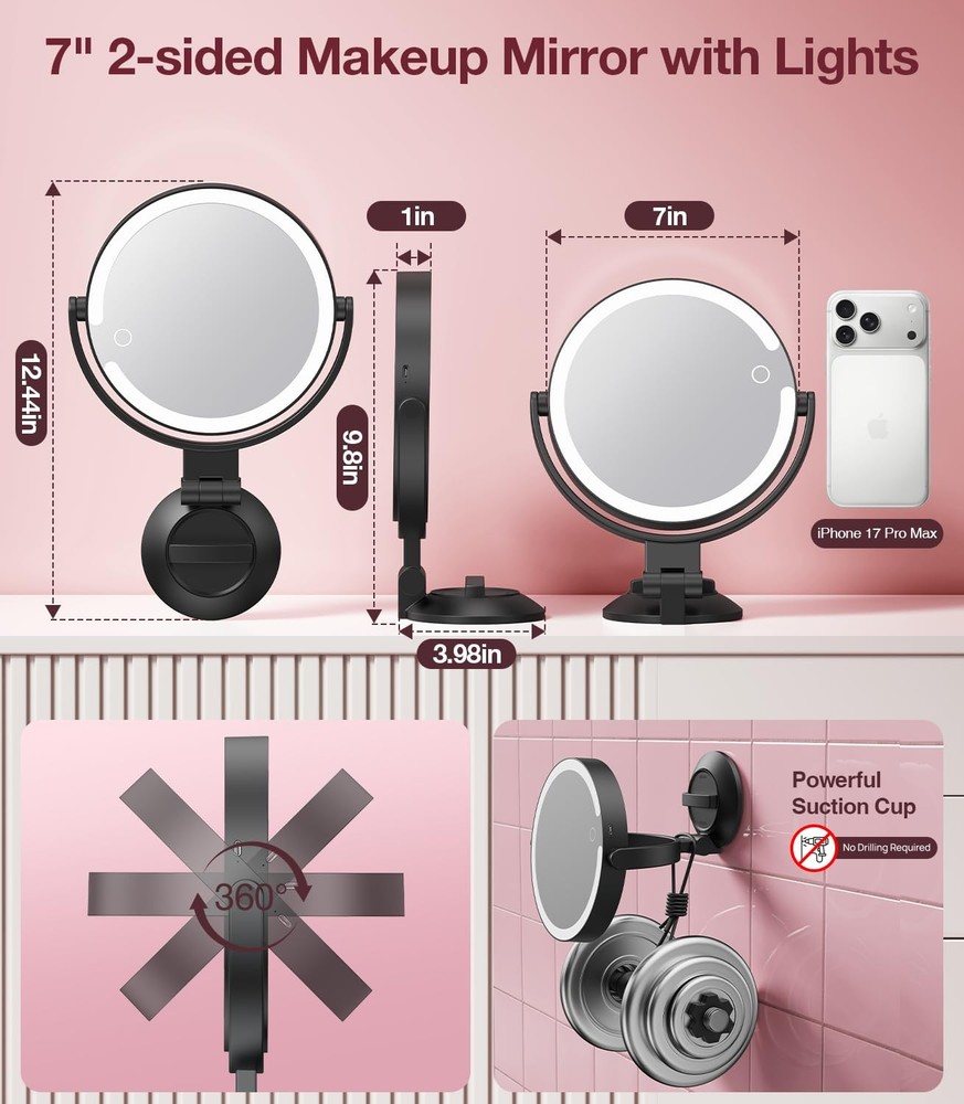 Suction Cup Magnifying Mirror with Light 10X, Wall Mounted Makeup Mirror with