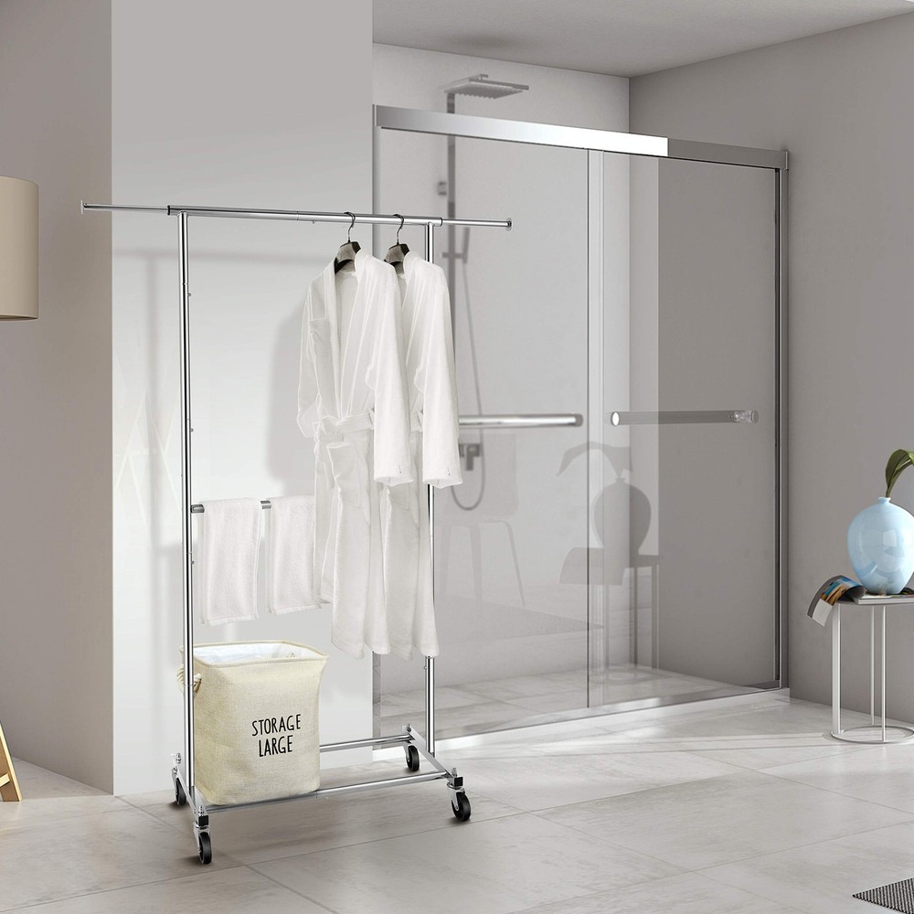 Double Rod Clothes Rack Rolling Garment Organizer Chrome