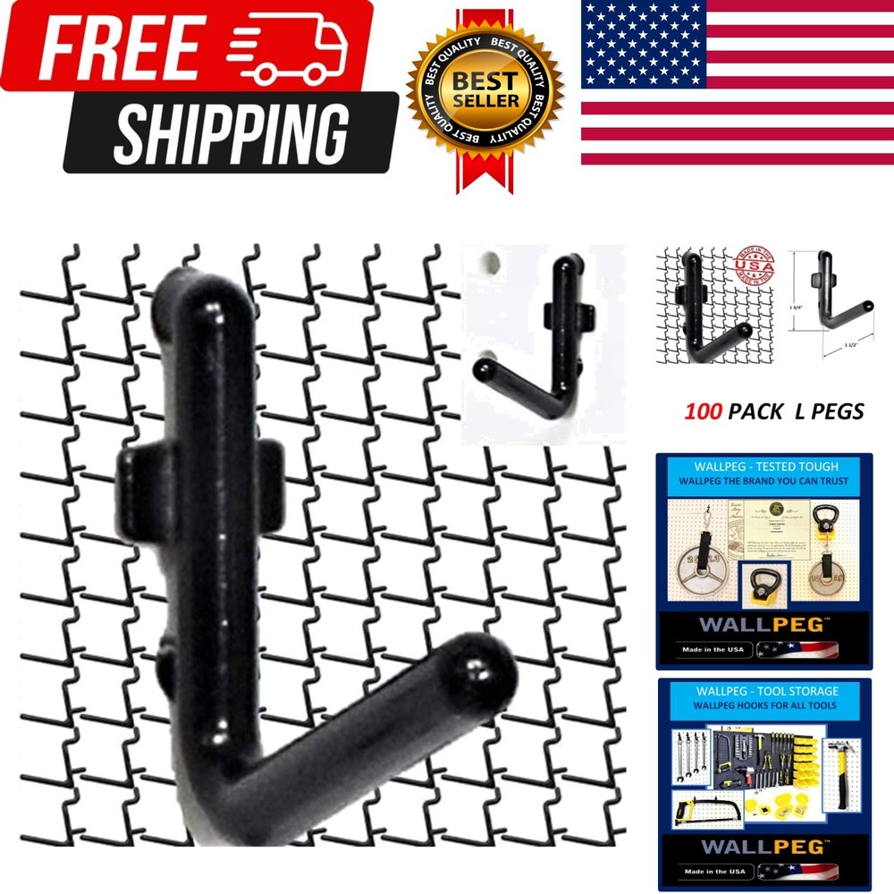 100Pcs Pegboard Accessory Peg Hook Set – Durable, Self-Locking Black 1/4" L-S...