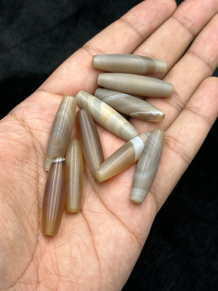 Lot 10 Pieces Long Ancient Greco Bactrian Banded Agate Stone Dzi Bead