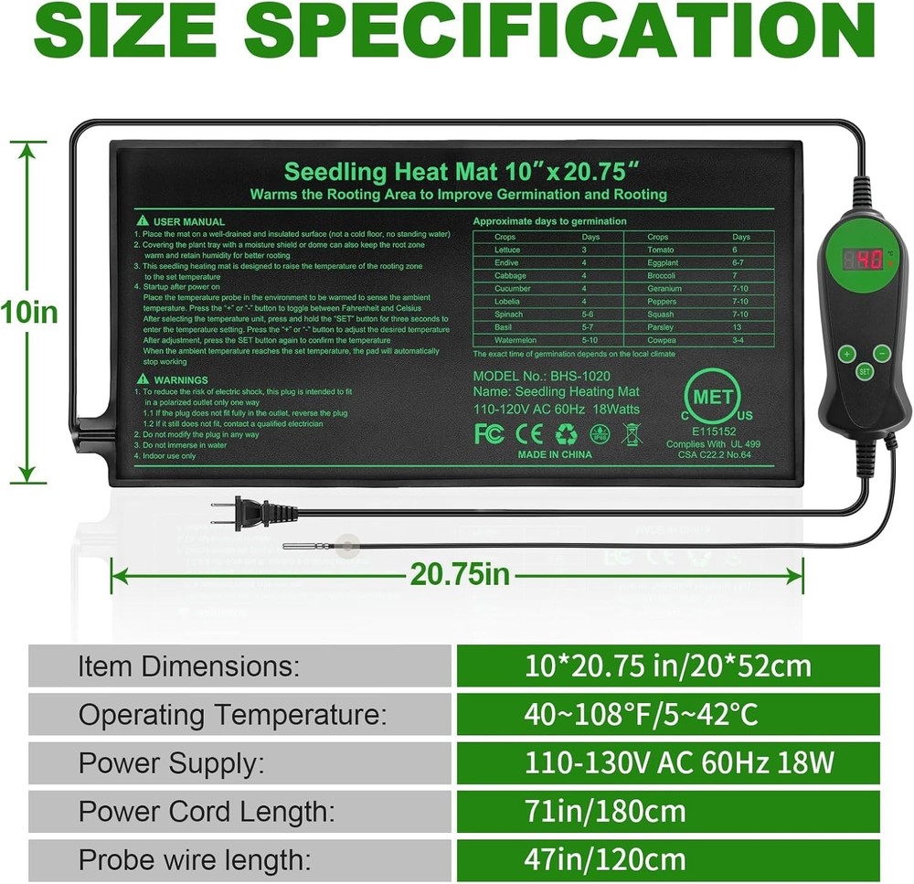 Seedling Heat Mat with Built-in Temperature Controller 2 Pack, 10" x 20.75" P...