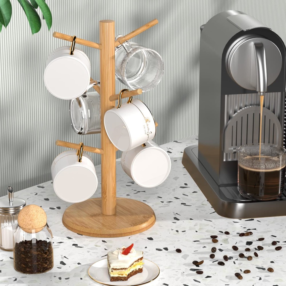 Bamboo Mug Tree with Thicker Base - Countertop Coffee Cup Stand with 6 Hooks
