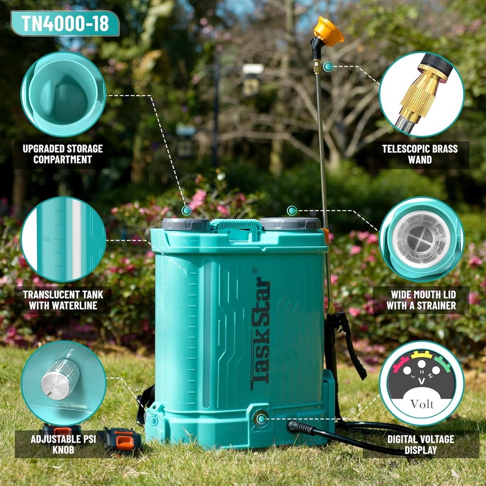 TaskStar 4 Gallon Battery Powered Electric Backpack Sprayer 2 * 2000mAh Battery