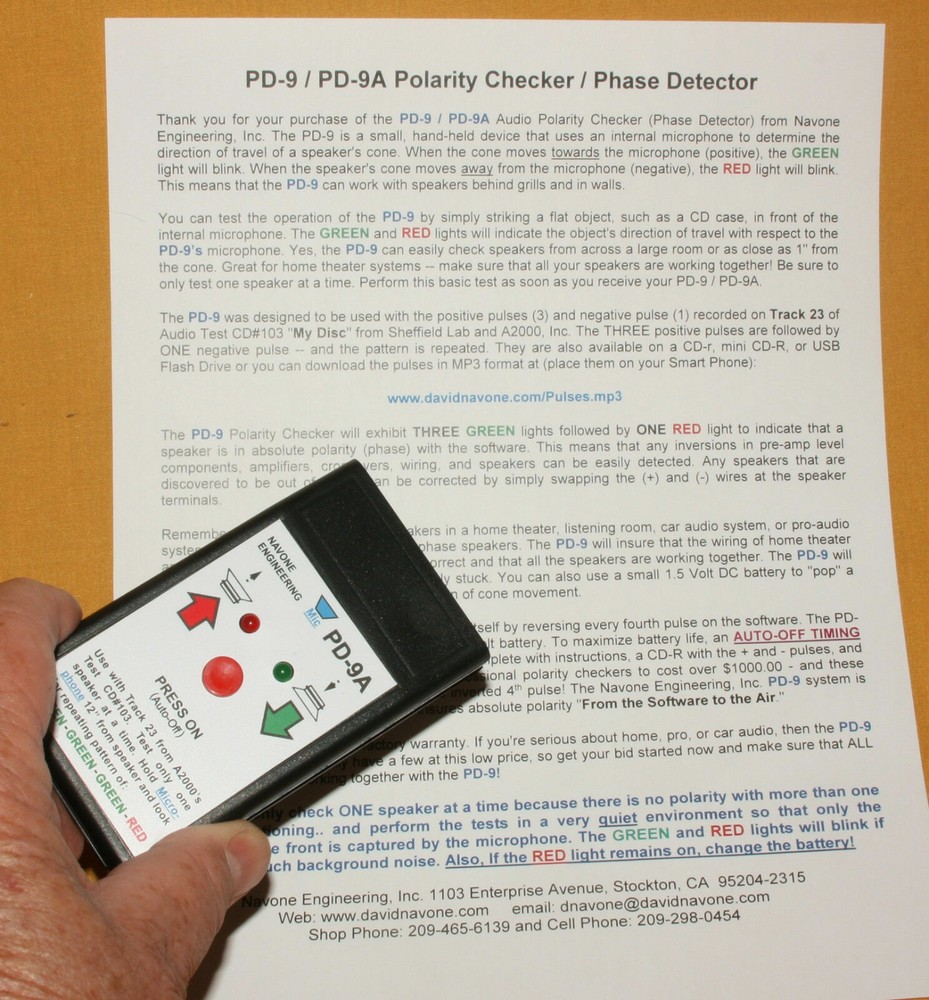PD-9 Phase Detector / Polarity Checker Self-Test Auto-Off Audio Speaker Testing