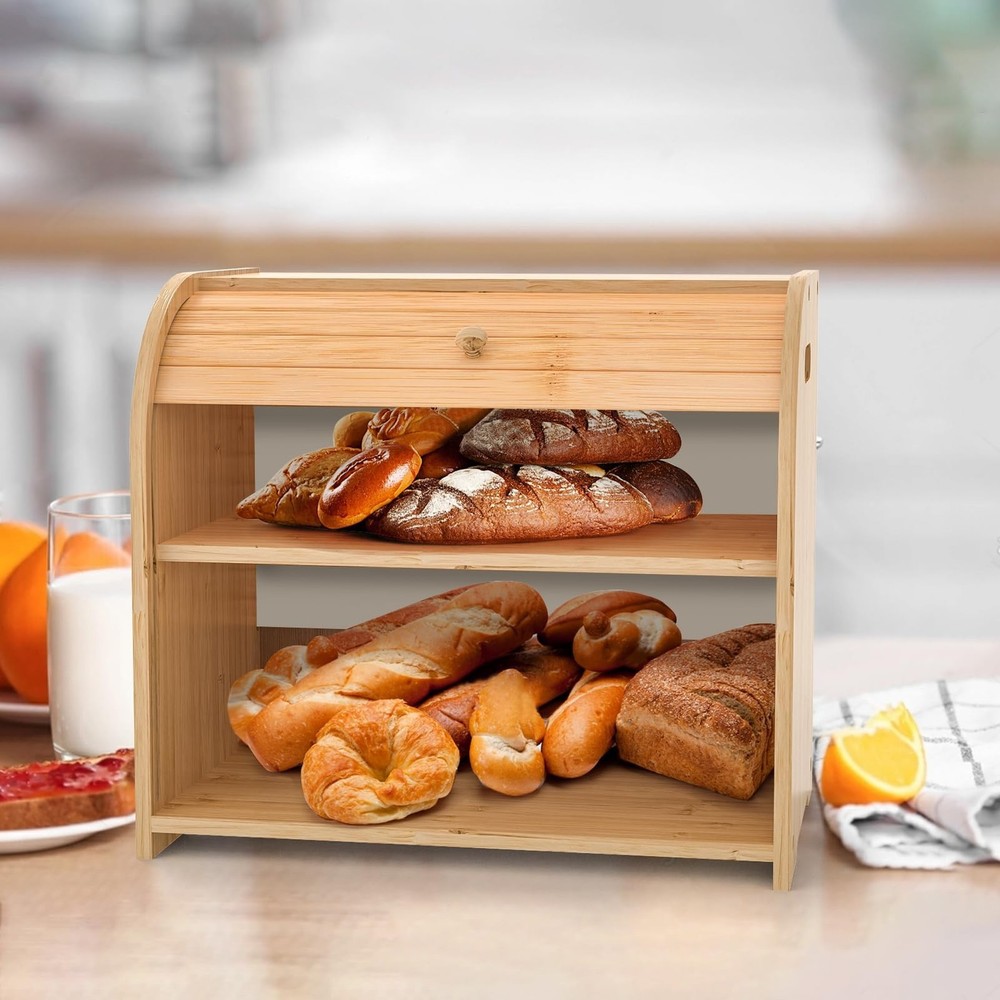 Bamboo Bread Box for Kitchen Countertop, Roll-top Breadbox Breads Storage Box...
