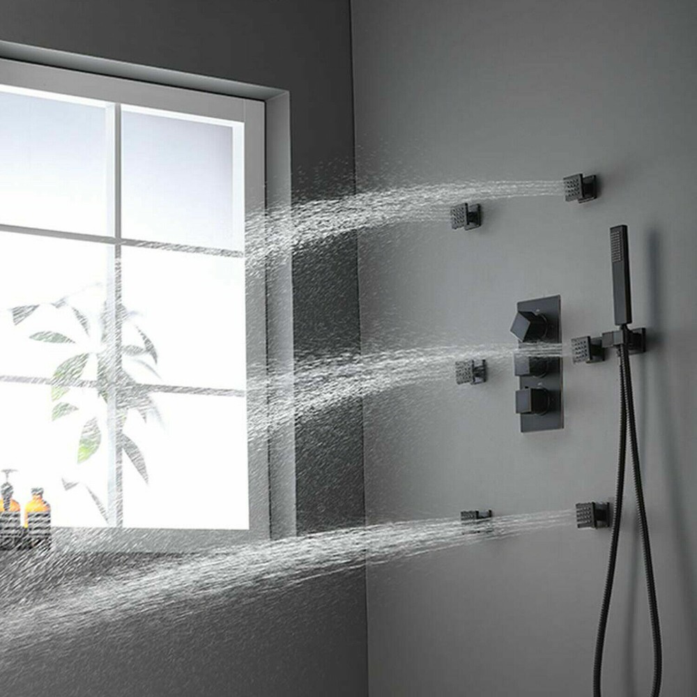 Black Shower Faucet Set Rainfall Head Combo Massage Jets with Thermostatic Valve