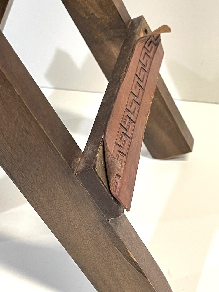 Vintage Small Handmade X Base Folding Table With Tooled Leather Top