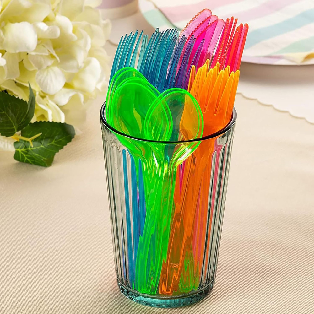 Juvale Neon Plastic Silverware Set - 216 Pieces, Multicolor - Forks, Spoons & Kn