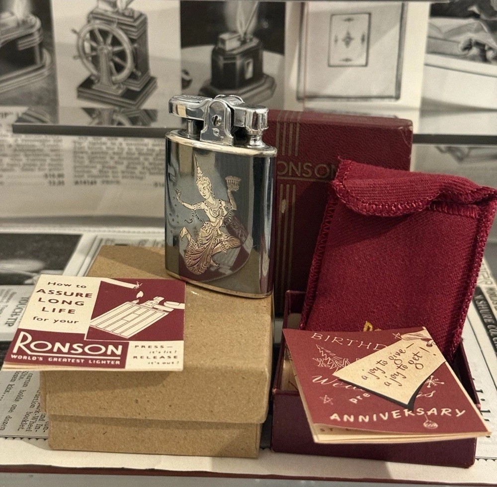 Ronson Siam Dancing Figures Sterling silver Niello lighter