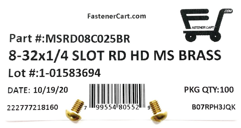(100) 8-32x1/4 Brass Slotted Round Head Machine Screws #8-32 - Solid Brass