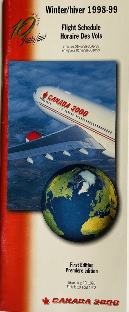 Canada 3000 Airlines - First Issue Systemwide Timetable - Eff. 19 Aug 1998