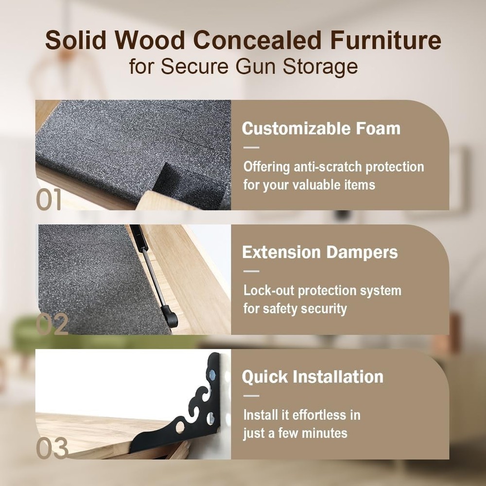 Hidden Gun Shelf Wall Mounted Locking Storage Solid Wood Secret Compartment