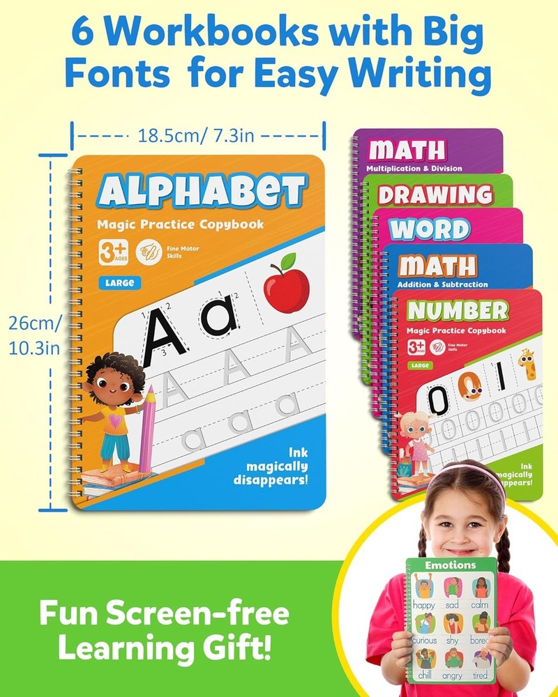 Coogam 6Pcs Magic Grooved Writing Practice for Kids, Handwriting...