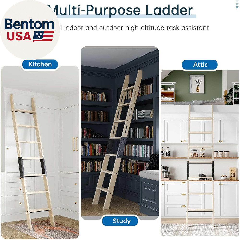 Rolling Library Ladder 8Ft,450Lbs Capacity,7 Steps with Build-In Handrail,Solid