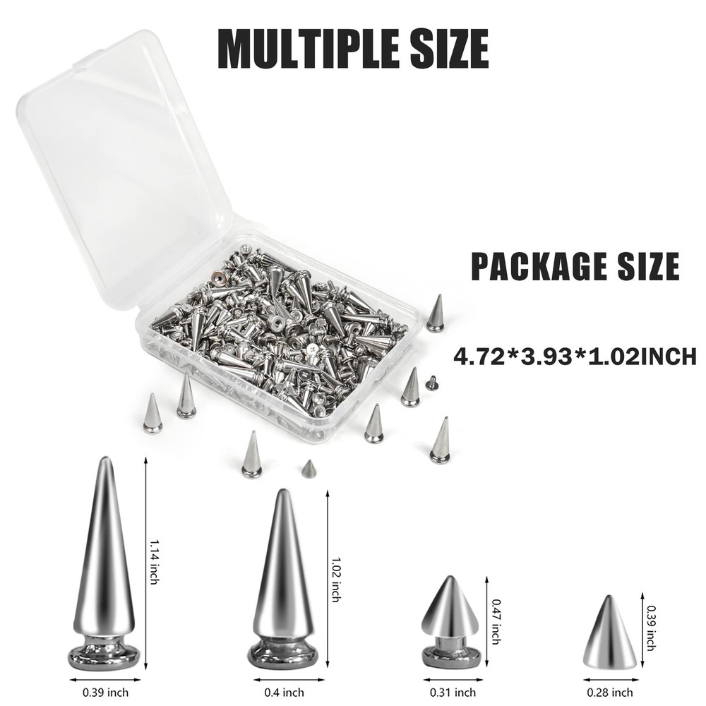 200 Sets Silver Cone Spikes Multiple Sizes Screw Back Studs Bullet Rivets