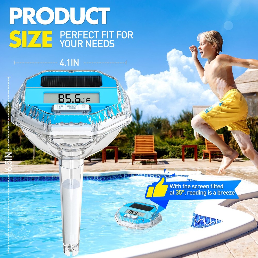 Solar Digital Pool Thermometer Floating Easy Read, Large LCD Light Blue
