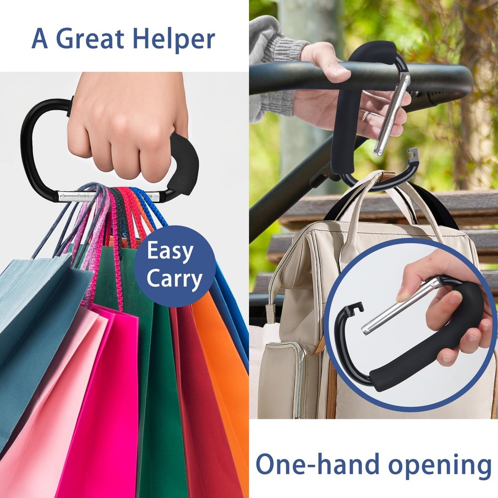 2 Pack Stroller Hooks, 6.3" Large Clip, Extra Carabiner, Black