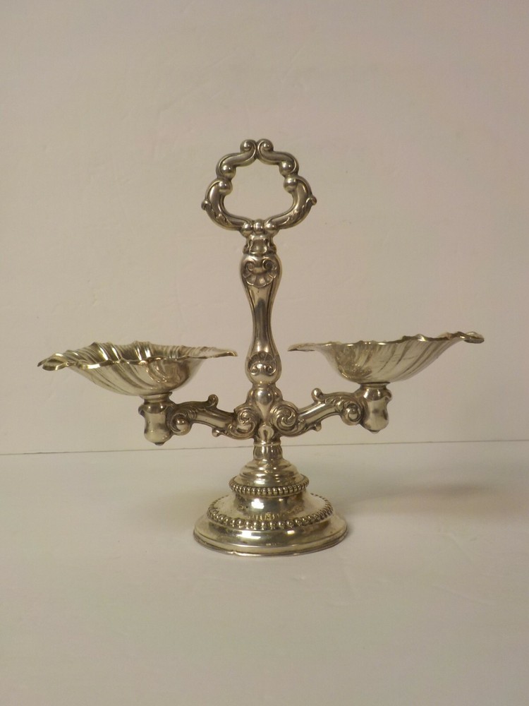Antique Continental Sterling Silver Double Salt Cellar, Shell Bowls
