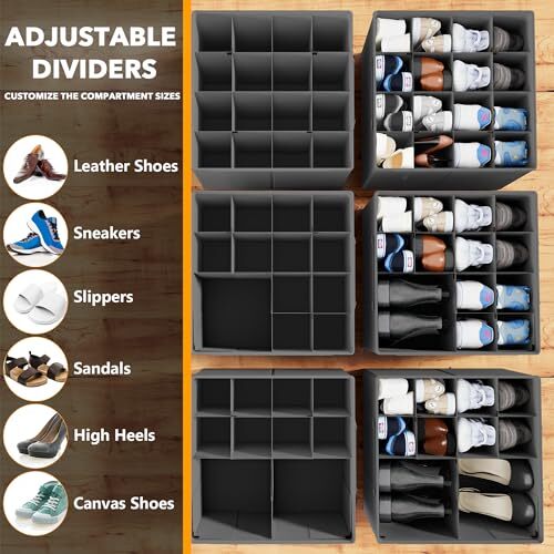 Shoe Organizer for Closet, 2 Pack Foldable Shoe Storage Containers Grey