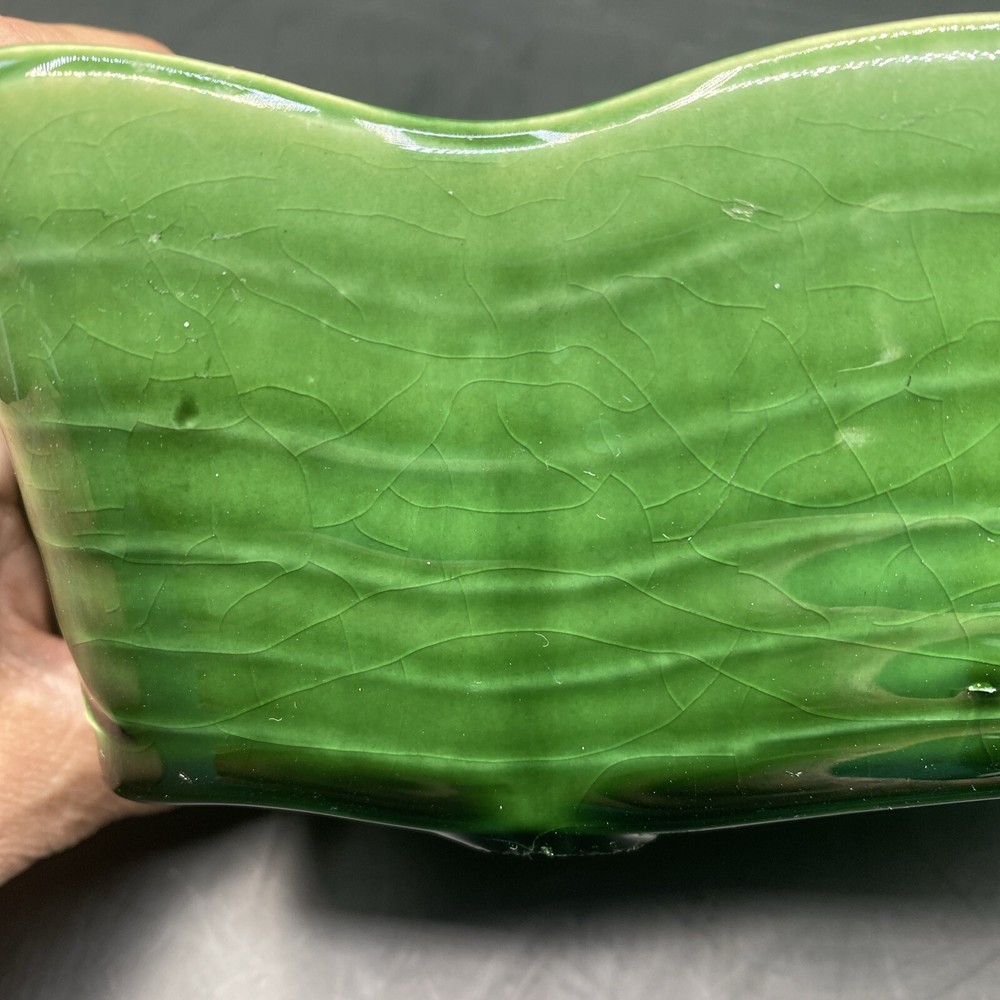 McCoy USA Green Ruffled Edge Striped Rectangular Pottery Planter Vase