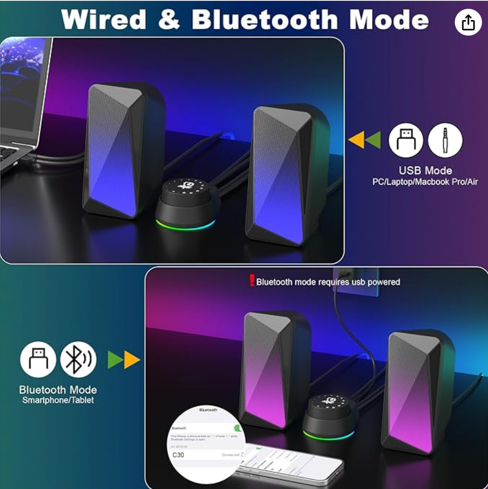 2.0 Bluetooth Computer Speakers, USB Powered & 3.5 mm AUX PC Speakers with Easy-