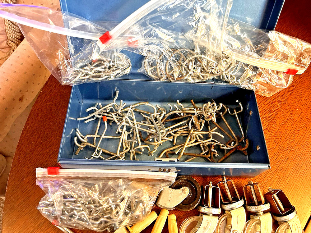 150+ LG. HARDWARE BUNDLE- PEG BOARD HOOKS AND HEAVY DUTY METAL CASTERS/WHEELS